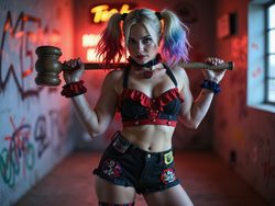 A striking Latina woman, Emily, aged 29, role-playing as Harley Quinn. She embodies the iconic character with vibrant, mismatched attire—a red and black corset top with playful ruffles, paired with high-waisted black shorts adorned with colorful patches. Her hair is styled in two playful pigtails, one dyed bright red and the other jet black, adding to her mischievous charm. The setting reflects a chaotic urban environment, with graffiti-covered walls and neon lights that echo Harley's edgy persona. In a dynamic pose, Emily wields a mallet with flair, exuding confidence and energetic charisma. The lighting is bold and dynamic, casting vivid shadows that enhance the playful yet rebellious spirit of the character. This image captures a hyper-realistic interpretation of Harley Quinn, merging high fashion with comic book flair.