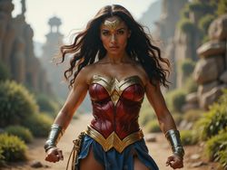 A striking portrayal of a 24-year-old Latina woman, Emily, embodying Wonder Woman in a hyper-realistic setting. Dressed in a meticulously crafted costume featuring the iconic red and blue bodice adorned with golden accents, her warrior spirit is palpable. Her long, dark hair flows dramatically, and she is positioned in a powerful stance, fists clenched and ready for action. The background features a vibrant, mythical landscape with hints of Amazonian architecture and lush greenery, enhancing the heroic ambiance. The image captures dynamic lighting that accentuates her fierce expression and chiseled features, conveying an aura of strength and empowerment. This composition channels the energy of both superhero comics and contemporary fashion photography, making it compelling and unforgettable.
