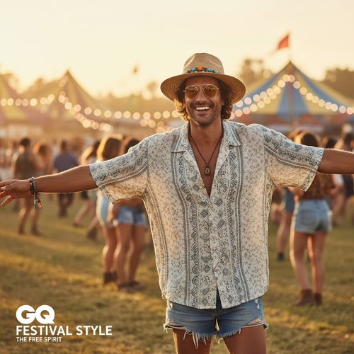 A cheerful man with sunglasses and a straw hat, wearing a patterned short-sleeve shirt and denim shorts, stands with open arms at a lively outdoor festival during sunset, with people and colorful tents in the background.