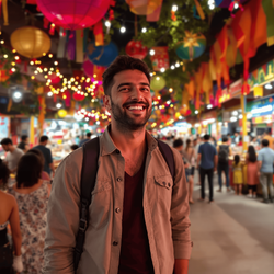 David, a 30-year-old male, at a vibrant festival, surrounded by colorful decorations and lively crowds. He is dressed in a casual yet stylish outfit, sporting a joyful expression as he enjoys the festivities. The atmosphere is filled with energy, music, and laughter, capturing the essence of celebration and camaraderie in this festive setting. The background showcases food stalls, lights, and people interacting, all adding to the festive ambiance.