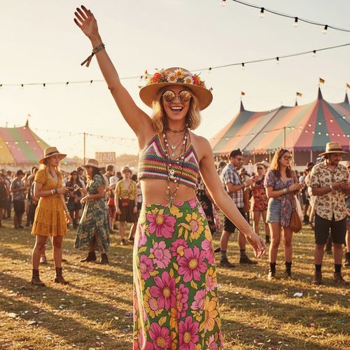 Cheerful festival-goer in a colorful crop top and floral skirt, wearing sunglasses and a flower crown, dancing at an outdoor event with a vibrant crowd and tents in the background during sunset.