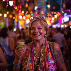 Jane, a vibrant 40-year-old woman, enjoying the atmosphere at a lively festival. She is dressed in a colorful outfit, adorned with festival accessories such as beads and wristbands. The scene is filled with decorations, colorful lights, and a joyful crowd in the background, capturing the essence of celebration and festivities. Jane is smiling and immersed in the fun, embodying the spirit of the festival.
