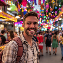 John, a 30-year-old male, enjoying a vibrant festival. He is dressed in casual contemporary clothing, with colorful decorations and lights surrounding him, reflecting the joyful atmosphere of the event. The background features festival stalls and a diverse crowd, emphasizing a lively celebration. The scene captures John engaging with the festival's excitement and energy, showcasing his smile and enthusiasm. The overall ambiance is fun and festive, creating a sense of camaraderie and joy.