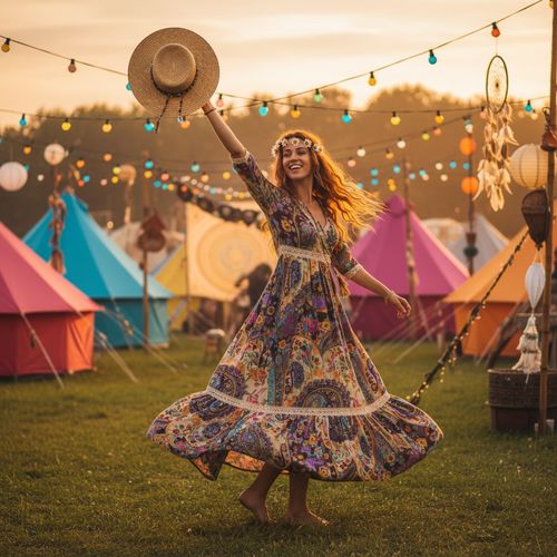 A joyful woman in a colorful floral maxi dress twirls with a straw hat in a vibrant outdoor festival setting, surrounded by brightly colored tents and decorative string lights at sunset.