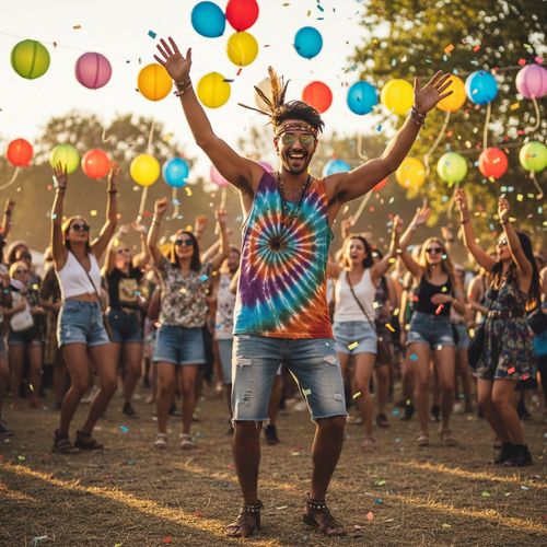 A vibrant outdoor music festival scene featuring a diverse group of people dancing joyfully, colorful hanging lanterns, and confetti, with a man in a tie-dye tank top and sunglasses leading the celebration.
