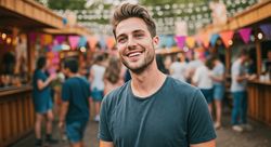 Smiling young man at a vibrant outdoor festival, surrounded by colorful decorations and cheerful crowds.