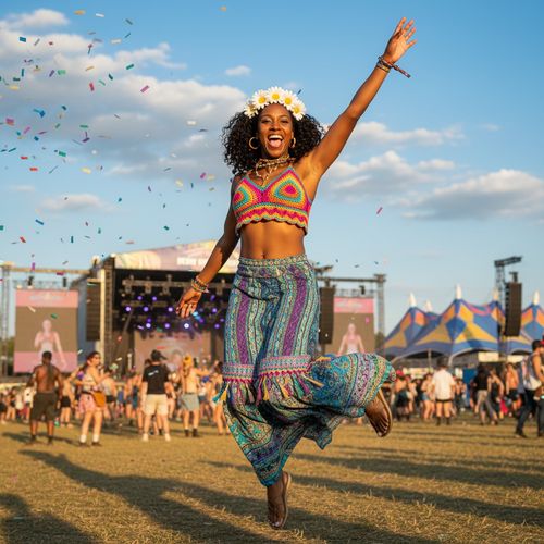 Woman jumping joyfully at a vibrant outdoor music festival, wearing a colorful crochet top and patterned skirt, with confetti in the air and a lively crowd in the background.