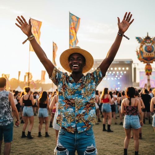 Smiling young man in a floral shirt and straw hat raises his hands in excitement at a vibrant music festival, with a lively crowd and sunset backdrop.