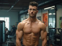 James, a 30-year-old male athlete, is in a fitness setting, showcasing his toned physique. He is engaged in a workout routine, either lifting weights or practicing dynamic stretches in a modern gym. The background features fitness equipment and motivational posters, with bright lighting that enhances the active atmosphere. His expression is focused and determined, embodying motivation and strength.
