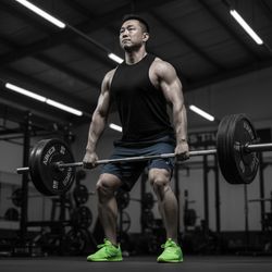 Man performing deadlift with barbell in a gym setting, wearing a black tank top and blue shorts, showcasing muscular physique and vibrant green athletic shoes.
