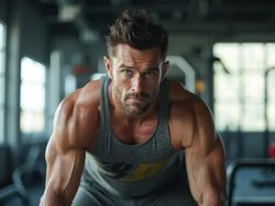 Michael, a fit male in his 30s, is captured in a dynamic fitness setting, engaged in an intense workout session. He is wearing a tank top and athletic shorts, showcasing his muscular physique. The background features gym equipment and large windows that allow natural light to flood in, creating a motivating atmosphere. The focus is on his determination and effort, embodying the spirit of fitness and health.