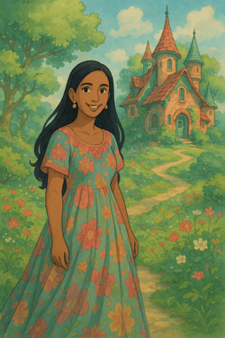 Emily, a 35-year-old Indian woman, styled in a Ghibli-inspired setting characterized by whimsical nature and enchanting architecture. She has long black hair and a warm smile, adorned in a colorful, flowing dress that blends with the magical surroundings. Soft, diffused lighting illuminates the scene, creating a serene and dreamlike atmosphere, typical of Ghibli films.