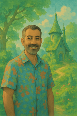 John, a 40-year-old Middle Eastern man, standing in front of a whimsical setting inspired by Ghibli films. He has a warm smile, dressed casually in a colorful shirt that reflects the vibrant colors of the landscape. The background is filled with lush greenery and fantastical elements reminiscent of Ghibli animations, creating an enchanting atmosphere. The sunlight filters through the trees, casting a magical glow on John, making him blend harmoniously with the picturesque scene.