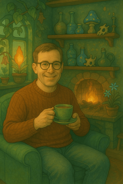 Michael, a 40-year-old white male, sitting in a cozy, whimsical room inspired by the Ghibli aesthetic. The setting is filled with magical elements such as vibrant plants, interesting artifacts, and soft lighting, reminiscent of classic Ghibli films. Michael has a warm smile as he enjoys a cup of tea, surrounded by enchanting details that reflect a serene and imaginative atmosphere.