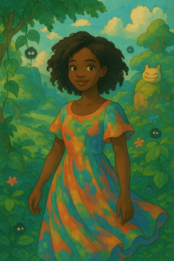 Olivia, a 20-year-old black female, is depicted in a whimsical setting inspired by Ghibli animations. She is surrounded by lush greenery and fantastical creatures, wearing a flowing, colorful dress that reflects the vibrant Ghibli aesthetic. The background is filled with enchanting landscapes, showcasing the imaginative and magical essence of Ghibli films.