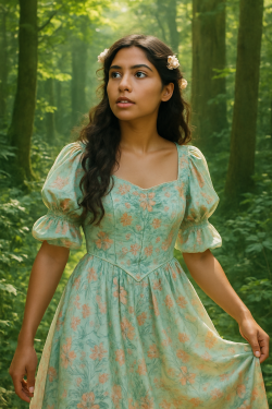 A LATIN woman, Sarah, aged 23, ROLE-PLAYING a character inspired by the enchanting world of Ghibli. She is dressed in a whimsical, flowing pastel-colored dress with intricate floral patterns, reminiscent of the ethereal aesthetics found in Ghibli films. Sarah stands in a lush, vibrant forest with towering trees and dappled sunlight filtering through the leaves, capturing the essence of magic and wonder. Her hair is adorned with delicate flower clips, and her expression reflects a sense of curiosity and adventure. The image is crafted in a hyper-realistic style, with attention to the textures of her attire and the lush greenery surrounding her, evoking the enchanting spirit of a Ghibli tale.