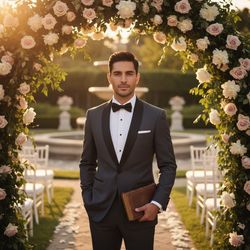 James, a sophisticated 34-year-old Latin male figure at a lavish outdoor ceremony, dressed in a tailored charcoal tuxedo with a satin shawl lapel, exuding charismatic ease. He stands confidently under a beautifully draped floral archway adorned with blush roses and ivory peonies. The warm golden hour sunlight filters through the greenery, casting a soft glow that highlights his chiseled jawline and deep-set eyes. One hand rests casually in his pocket, while he holds a vintage leather-bound book in the other. The image captures a moment of tranquility, inviting an emotional connection with the viewer, and embodies elegance and sophistication, perfect for a top-tier fashion editorial.  — James