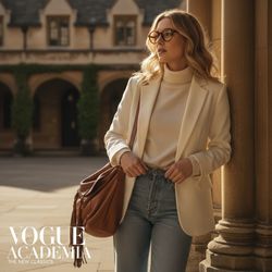 Jane, a 29-year-old white woman embodying youthful intellect and style, stands confidently in a sun-drenched university courtyard framed by historic architecture. She wears a tailored ivory blazer over a cashmere turtleneck paired with high-waisted vintage denim jeans, channeling a nostalgic 90s flair. An oversized leather satchel with tassels rests at her side, and oversized glasses enhance her scholarly appearance. Her natural waves catch golden sunlight as she leans against a weathered stone column, exuding relaxed confidence. The composition features soft shadows and natural light, highlighting her contemplative gaze toward the horizon, capturing the essence of contemporary academia and high fashion, reminiscent of a Vogue magazine cover.