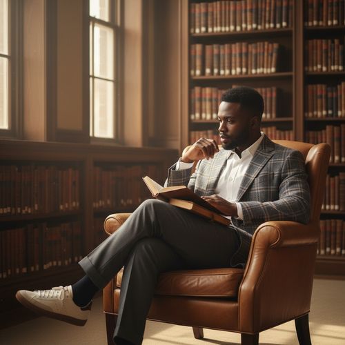 John, a charismatic 31-year-old black male figure, embodies the modern academic aesthetic, dressed in an oversized plaid blazer over a crisp white button-down shirt and tailored trousers, complemented by vintage-inspired sneakers. He sits casually in a sun-drenched college library on a leather armchair, with a leather-bound notebook and fountain pen in his lap. The warm, ambient light highlights the texture of his clothing while casting a glow over the towering bookshelves behind him. John's relaxed yet confident posture, with one elbow resting on the arm of the chair and his gaze thoughtfully fixed on an open book, captures the essence of a scholar embracing the journey of lifelong learning. The image skillfully plays with negative space, inviting viewers into this contemplative atmosphere.
