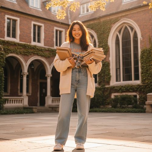 Sarah, a vibrant 24-year-old Asian female college student, radiates youthful energy and intellectual curiosity as she stands in a sun-drenched campus courtyard. She's wearing a soft cream oversized cardigan over a fitted vintage band graphic tee and high-waisted wide-leg jeans. Her tousled hair cascades over one shoulder, illuminated by the warm light. Holding a stack of well-loved books in one hand and a pair of retro aviators in the other, she exudes effortless confidence. The iconic architecture of her university and creeping ivy create a backdrop that complements her chic yet casual style, capturing the excitement of academic life during golden hour. The composition reflects a blend of nostalgia, personal style, and youthful aspiration. The scene encapsulates a contemporary flair and the vibrant spirit of college days, enhanced by the trigger word Sarah.