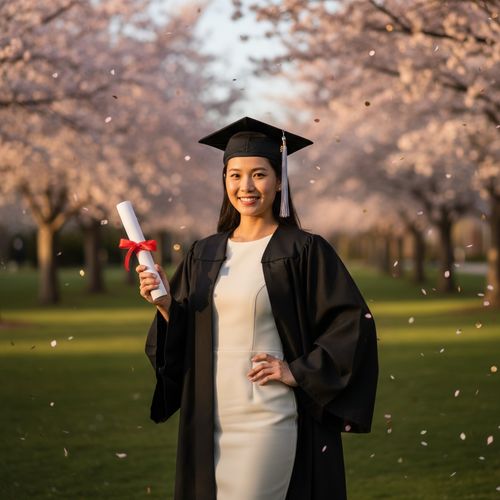 Emily, a poised Asian female graduate aged 33, stands proudly on a university campus under the warm glow of a late afternoon sun. She is dressed in a tailored black graduation gown over an ivory sheath dress, with satin lapels that catch the light. Wearing a mortarboard adorned with a delicate silk ribbon, she holds her diploma in one hand while her other hand rests confidently on her hip. Behind her, cherry blossom trees bloom with soft pink petals, creating a dreamlike bokeh effect. The chiaroscuro lighting enhances her radiant smile, capturing the essence of achievement and resilience in a celebratory atmosphere.