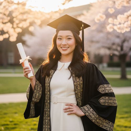 Emily, a 26-year-old Asian woman embodying triumph and celebration, stands poised in her graduation robe and cap against a sun-drenched campus backdrop. Her flowing black robe, adorned with intricate gold embroidery, cascades elegantly around her. Underneath, she wears a structured ivory dress cinched at the waist with a delicate grosgrain ribbon. Her hair, styled in soft waves, frames her beaming face with a fresh, radiant complexion, enhanced by subtle blush and nude lipstick. She holds a rolled diploma tied with a satin ribbon in one hand, while the other rests gracefully on her hip, projecting confidence and joy. Sunlight creates a golden halo effect around her, with blooming cherry blossoms in the background symbolizing new beginnings. This image captures the emotional resonance of achievement and the excitement of a new journey.  The trigger word 'Emily' adds a unique stylistic effect to the photograph.