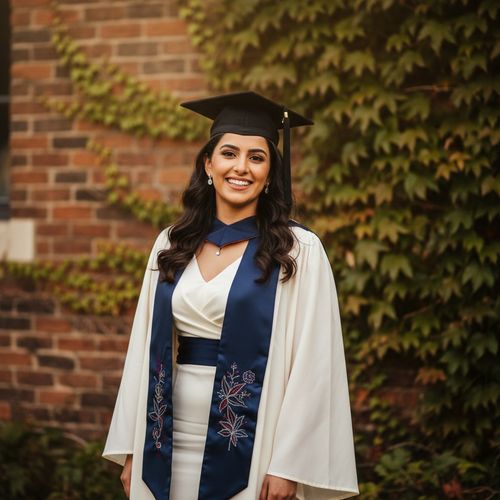Jane, a 27-year-old Arab woman, radiates joy and triumph in a beautiful graduation portrait against an ivy-covered brick wall of a historic university. She is wearing a tailored ivory commencement gown made of silk chiffon, with a fitted, intricately embroidered deep navy sash that signifies her field of study. A cap-and-gown set topped with a tasteful silk tassel adorns her head, while her soft waves frame her face beautifully. Understated diamond studs accentuate her warm smile, highlighting the pride of this significant moment. The warm golden hour light creates a soft halo around her, with the background softly blurred into an impressionistic wash of greenery, capturing the exhilarating essence of hope and ambition. This photograph tells a story of resilience and aspiration, celebrating her accomplishments and the bright future ahead.