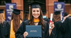 Smiling female graduate in cap and gown holding diploma, celebrating achievement at graduation ceremony.