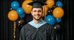Smiling male graduate in cap and gown with blue and orange balloon backdrop celebrating graduation day.