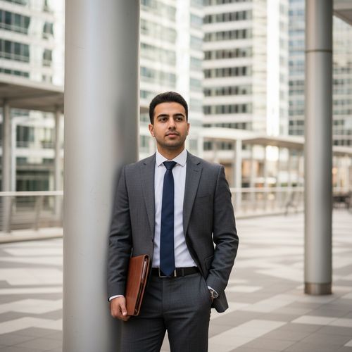 David, a 24-year-old male graduate student of Middle Eastern descent, stands poised in a modern urban setting, embodying the intellectual spirit of a contemporary scholar. He is dressed in a tailored charcoal-grey suit with a subtle herringbone pattern, paired with a crisp white shirt and a deep navy tie. Leaning against a sleek concrete pillar, he holds a leather-bound portfolio in one hand while his other hand is tucked in his pocket, projecting relaxed authority. The soft, diffused light filtering through tall buildings creates a captivating urban backdrop, isolating him in sharp focus with a shallow depth of field, highlighting his determined expression. The image captures the essence of ambition and commitment to a bright future, set in a Graduate School environment.