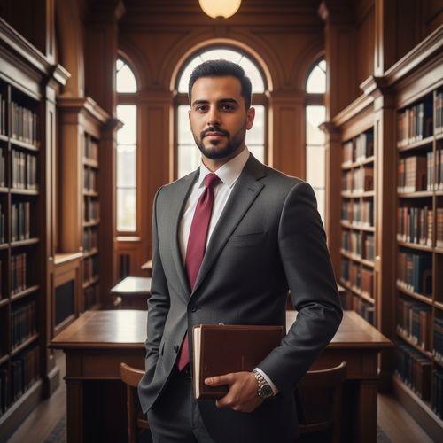 John, a 29-year-old Arab male graduate student, stands confidently in an urban library setting. He embodies intellectual sophistication, wearing a tailored charcoal gray suit crafted from fine Italian wool, a crisp white dress shirt, and a deep merlot silk tie. His body language is relaxed yet assertive, one hand in his pocket and the other holding a leather-bound notebook filled with notes. Sunlight filters through tall windows, highlighting the intricate wood paneling and warm textures of his attire. The background features shelves of classic literature, creating a modern yet traditional atmosphere that resonates with aspiration and empowerment. The image captures John's determined gaze towards the camera, reflecting ambition and curiosity, perfectly embodying the spirit of a generation ready to enact change.