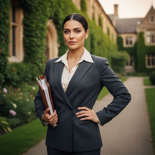 Olivia, a poised and accomplished 33-year-old Middle Eastern female graduate, stands confidently at the forefront of an ivy-clad university campus. Dressed in a tailored charcoal grey double-breasted power suit with a subtle pinstripe and a cream silk blouse, she radiates sophistication and elegance. Her sleek bun accentuates her high cheekbones and piercing hazel eyes. Clutching a leather portfolio filled with academic papers in one hand, her other hand rests on her hip, embodying self-assurance. Surrounded by ancient stone buildings and lush greenery, the scene is illuminated by the soft, golden light of late afternoon, creating a dynamic composition that highlights her inspirational journey of ambition and personal growth. The background speaks to the essence of intellectual pursuit.