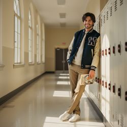 David, a 33-year-old Middle Eastern male, embodies the essence of a nostalgic high school dreamer in a sunlit corridor reminiscent of classic teen films. He wears a vintage letterman jacket in deep navy, tailored khaki trousers, and polished white sneakers layered over a cream-colored knit sweater. His tousled hair falls into his eyes, giving him an effortlessly cool demeanor. With a genuine, slightly crooked smile, he leans casually against a row of lockers, one hand in his pocket and the other holding a well-loved paperback novel. The soft golden afternoon light spills through tall windows, creating a halo effect around him. The retro aesthetic captures the bittersweet passage of time and the enduring spirit of youth, evoking classic coming-of-age stories, framed within the rule of thirds and a shallow depth of field.