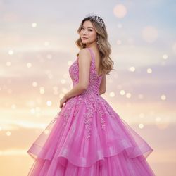 A dynamic and striking portrait of Emily, a 30-year-old Asian woman embodying the spirit of a high school prom queen with a contemporary twist. She stands confidently in a vibrant ball gown of shimmering fuchsia chiffon, featuring a fitted bodice adorned with intricate beaded embroidery and cascading layers. Her soft, glamorous waves are highlighted by a delicate crystal tiara. Set against a whimsical, pastel-hued backdrop evoking a dreamy sunset, soft bokeh lights create an ethereal atmosphere. Lit with a gentle golden glow, the image captures her playful yet poised pose, radiating joy and confidence as she glances over her shoulder, showcasing the gown's exquisite detail. This portrait reflects a harmonious blend of youthful exuberance and mature sophistication, celebrating transformation and celebration within a high school setting.