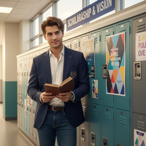 Michael, a 26-year-old Arab male figure exuding a youthful yet sophisticated aura, stands confidently in a modern high school hallway. He is dressed in a tailored navy blazer with subtle gold stitching over a crisp white shirt, paired with fitted dark denim jeans. Leaning against a row of lockers, he casually holds a vintage leather-bound notebook in one hand. The bright and inviting lighting casts a warm glow, highlighting his tousled yet styled hair. Surrounding him are artful lockers and academic posters, enhancing the scholarly environment. His expression reflects ambition and curiosity, capturing a moment of nostalgic reflection with an elevated sense of sophistication, evoking inspiration. The scene is a perfect blend of youthful vibrance and academic aspiration, reinforced by the trigger word Michael.
