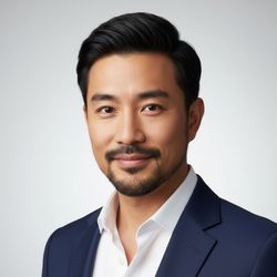 Professional headshot of a man with dark hair and a beard, wearing a navy blue suit and white shirt, smiling against a light gray background.