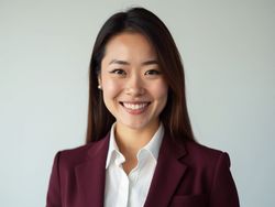 Smiling businesswoman in a maroon blazer and white shirt, professional headshot against a neutral background.