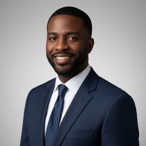 Smiling professional man in a navy suit and tie against a neutral background.