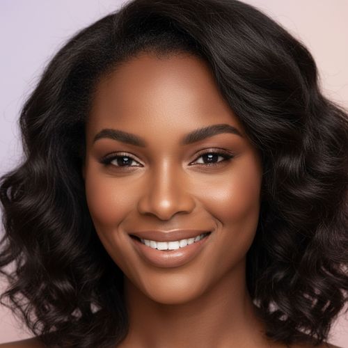 Close-up portrait of a smiling woman with dark, wavy hair and glowing skin against a soft pastel background.