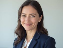 Professional headshot of a smiling woman in a navy blazer, with long brown hair, against a neutral background.