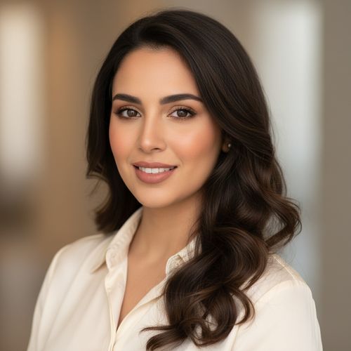 Stylish woman with long, wavy hair and a warm smile, wearing a light-colored blouse, against a softly blurred background.