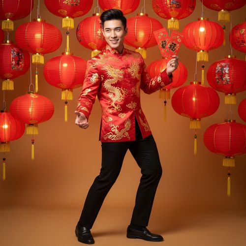 James, a striking 22-year-old male model, embodies the vibrant spirit of Chinese New Year in an opulent editorial portrait. He wears a richly embroidered crimson silk Tang jacket with intricate gold dragon motifs, paired with sleek black tailored trousers. Styled in a modern quiff, he stands in a dynamic pose, gesturing invitingly while holding a traditional red envelope adorned with elaborate illustrations. The backdrop features a curated display of red and gold lanterns, creating a warm and festive atmosphere. Soft golden lighting enhances the details of his outfit and highlights his features, capturing the essence of joy and cultural heritage during the Lunar New Year celebration.