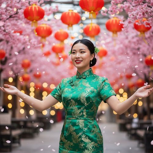 Jane, a vibrant 23-year-old Indian woman, embodies the joyous spirit of Chinese New Year in an outdoor setting adorned with red lanterns and cherry blossoms. She wears a modernized emerald green silk brocade qipao, intricately embroidered with gold phoenix motifs and styled with a high Mandarin collar and delicate silk sash. Her sleek chignon is accessorized with jade hairpins, while her radiant makeup features almond-shaped eyes with gold shimmer and a vibrant crimson lip. Captured in mid-motion, her arms are gracefully outstretched, inviting the viewer into the celebration, with warm bokeh creating a festive atmosphere and scattered cherry blossom petals adding whimsy. This composition blends modern elegance with cultural heritage, celebrating youth and vitality.