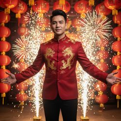John, a striking 26-year-old Asian male, exuding confidence and elegance, captured in vibrant celebration of the Chinese New Year. He wears a tailored crimson silk mandarin-collared jacket embroidered with intricate golden dragon motifs, paired with black fitted trousers. His modern hairstyle reflects the festive lights around him. The background is filled with red lanterns and golden decorations, casting a warm glow. Standing amidst swirling fireworks, arms outstretched in joyful celebration, John's charismatic expression embodies the spirit of renewal and festivity. The shot employs dramatic chiaroscuro lighting, enhancing the festive atmosphere and cultural heritage of the celebration.