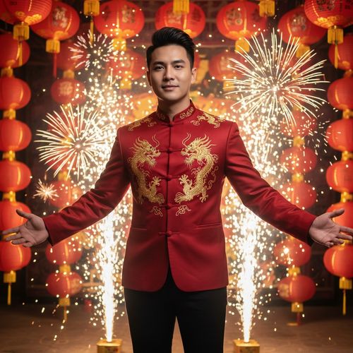 John, a striking 26-year-old Asian male, exuding confidence and elegance, captured in vibrant celebration of the Chinese New Year. He wears a tailored crimson silk mandarin-collared jacket embroidered with intricate golden dragon motifs, paired with black fitted trousers. His modern hairstyle reflects the festive lights around him. The background is filled with red lanterns and golden decorations, casting a warm glow. Standing amidst swirling fireworks, arms outstretched in joyful celebration, John's charismatic expression embodies the spirit of renewal and festivity. The shot employs dramatic chiaroscuro lighting, enhancing the festive atmosphere and cultural heritage of the celebration.
