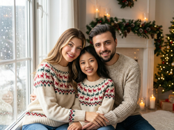 Smiling family portrait in matching Christmas sweaters by a snowy window, cozy holiday living room with Christmas tree, garland, and candles.