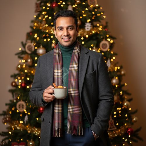 Michael, a 35-year-old Indian man, radiates holiday charm in a festive editorial portrait. He is enveloped in the warm glow of twinkling Christmas lights, wearing a tailored charcoal wool overcoat over a rich forest green cashmere turtleneck. A classic plaid scarf in burgundy and gold drapes around his neck, complemented by dark tailored trousers. His relaxed pose includes one hand casually in his pocket while he holds a steaming cup of spiced mulled wine. His warm and inviting expression reflects the spirit of togetherness and comfort during the holiday season. The backdrop features a majestic evergreen tree adorned with handcrafted ornaments and shimmering gold garlands, enhanced by the ethereal glow of twinkling lights that create a bokeh effect, evoking nostalgia and warmth for a modern holiday editorial.