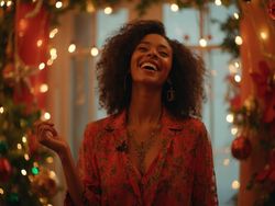 Emily, a 35-year-old black female, joyfully celebrating a holiday setting. She is surrounded by colorful decorations and festive atmosphere, showcasing a radiant smile and wearing a stylish outfit suitable for a festive gathering. The scene captures the essence of celebration with elements of joy, warmth, and cultural richness.