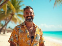 Michael, a 40-year-old Latin male, enjoying a cheerful holiday setting. He is casually dressed in a vibrant summer outfit, smiling and standing in front of a picturesque beach with palm trees and clear blue skies. The atmosphere is festive, reflecting relaxation and joy, capturing the essence of a perfect holiday getaway.