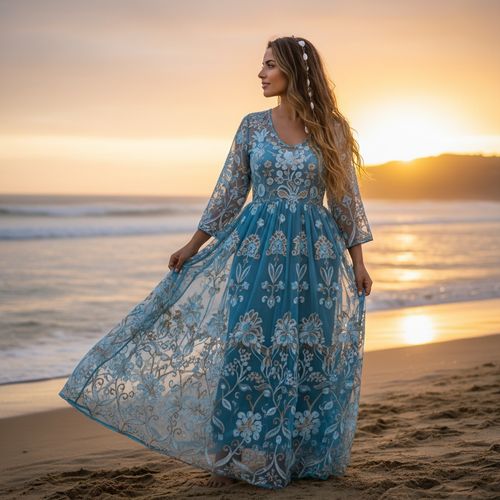 Olivia, a radiant 28-year-old Arab woman, embodies the essence of sun-kissed wanderlust against a dreamy coastal backdrop at sunset. She wears a vibrant, flowing maxi dress of azure chiffon that dances like ocean waves, enriched with intricate floral embroidery. Her hair, adorned with delicate seashells, flows freely in loose beachy waves as she gazes toward the horizon, conveying a sense of freedom and exploration. The soft, diffused lighting and gentle breeze create an ethereal atmosphere, inviting viewers into a world of holiday bliss, nostalgia, and wanderlust, all encapsulated in this beautiful moment.